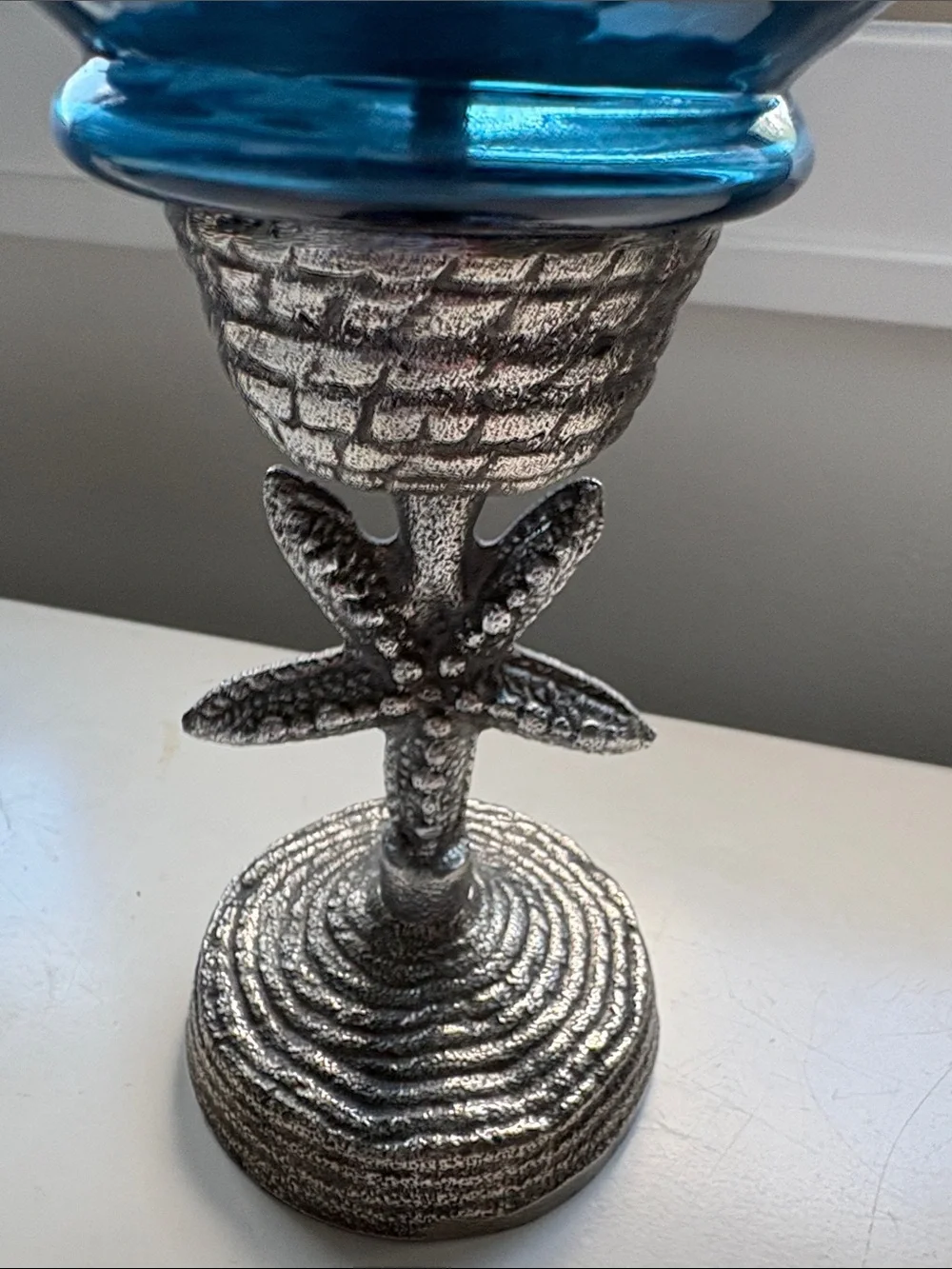 Pair of Ocean Blue Glass Hurricane Starfish Cast Metal Candle Holders